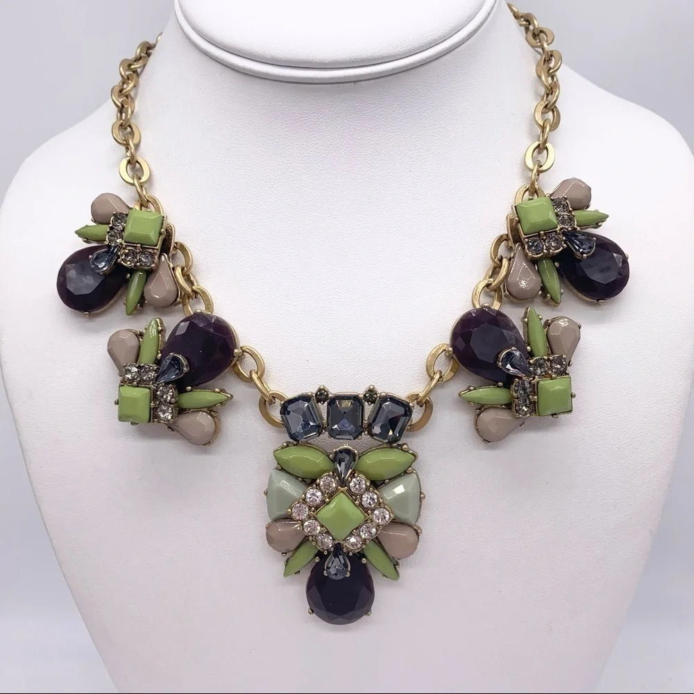 J. Crew Green Brown Taupe Jeweled Necklace